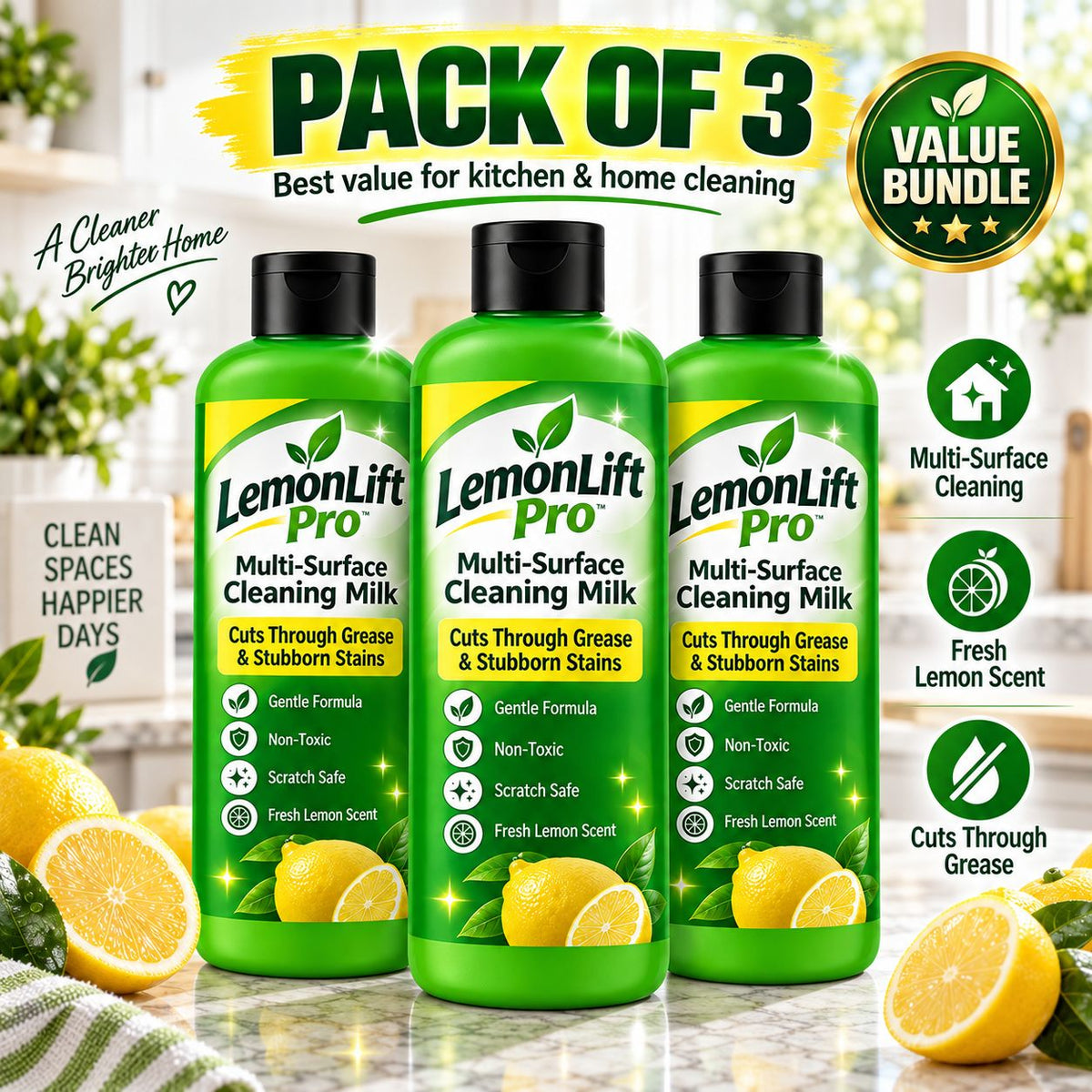 LemonLift Pro Multi-Surface Cleaning Milk (Pack of 3) – Removes Kitchen Grease & Tough Stains