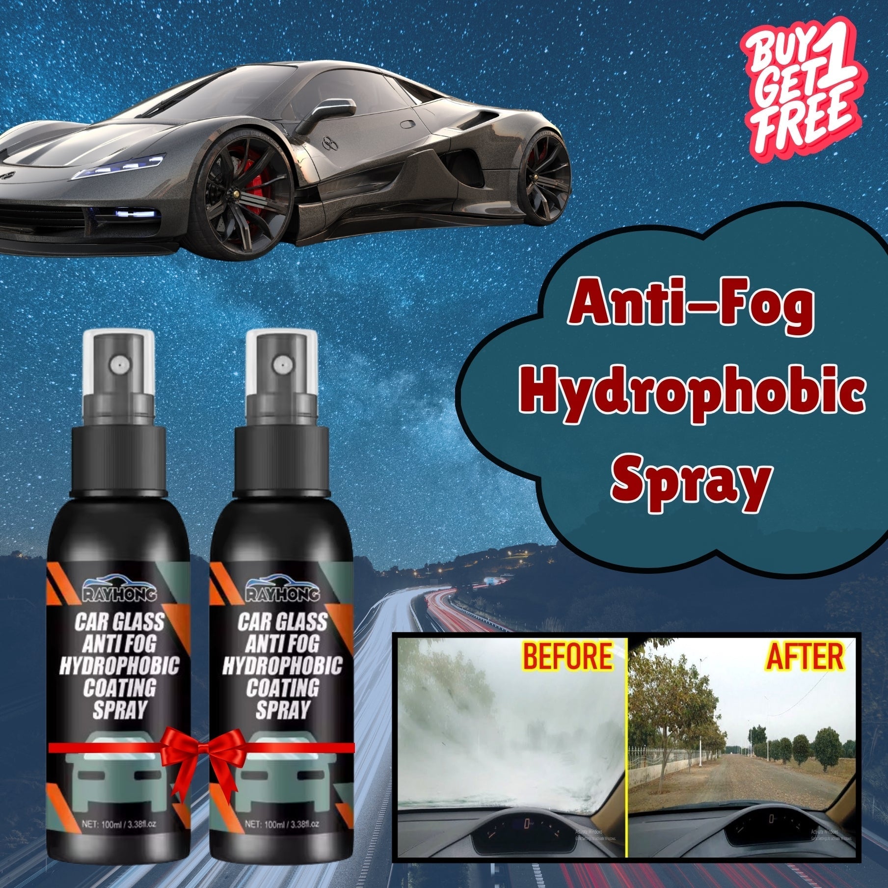 Car Glass Anti- Fog Hydrophobic Coating Spray (Pack of 2)